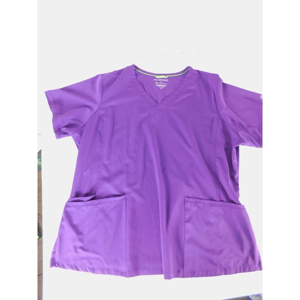 HH Works By Healing Hands Scrub Shirt Womens 2X Purple V Neck Pockets Plus Size